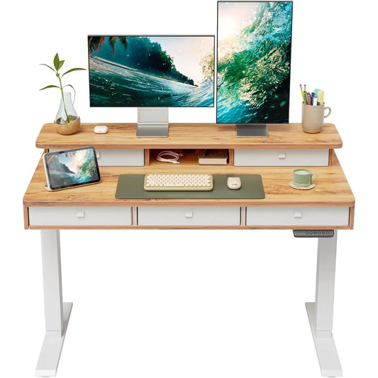 Sit, Stand Adjustable Desk, 5 Drawers, Storage Shelf