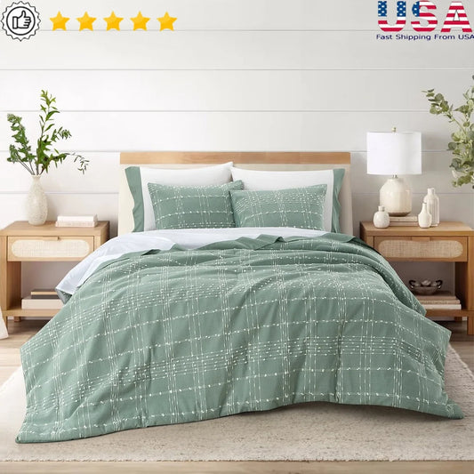 7 Piece Queen Green Plaid Bed Comforter Set, Hypoallergenic