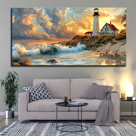 Solid wood frame, Portland Sunset Lighthouse Canvas Mural