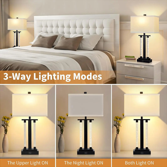 Modern Table Lamps Set of 2, 3 Way Lighting Modes With USB Charging Port