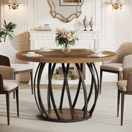 Round Dining Table, 46-Inch Wood Table with Sturdy Metal Base