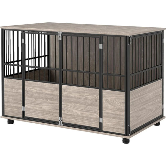 Dog Crate/Table Furniture, 46",  Double Doors, Walnut Wood