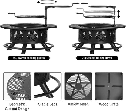 36 Inch Fire Wood Burning Pit with 2 Grills, Lid & Poker