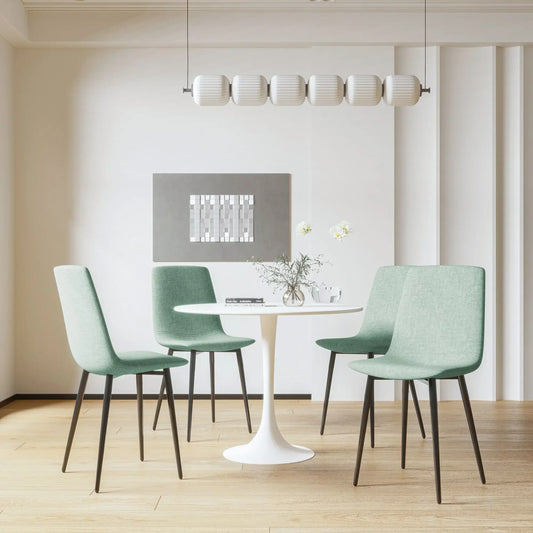 31.5" Round Dining Table Set, White, Linen Upholstered Chairs