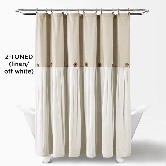 Linen Button Shower Curtain, Two-Tone, Pleated, 72x72