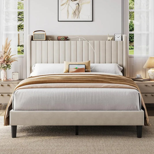 Upholstered Headboard Queen Bed Frame with  Charing Station and Storage Shelf