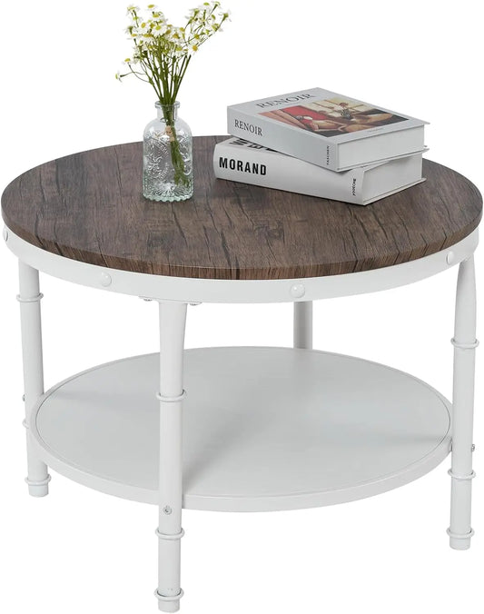 2-Tier Storage Walnut, White Center Circle Accent Table