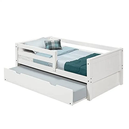 Solid White Wooden Twin Daybed with Guard Rails and Trundle