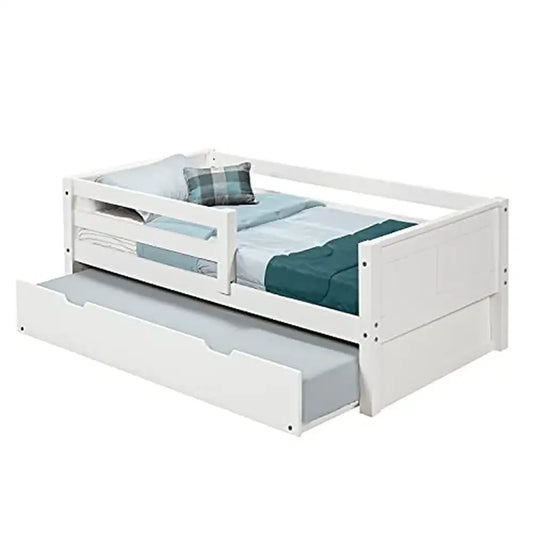 Solid White Wooden Twin Daybed with Guard Rails and Trundle