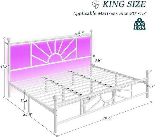 Metal King Bed Frame, Head and Footboard, LED Light