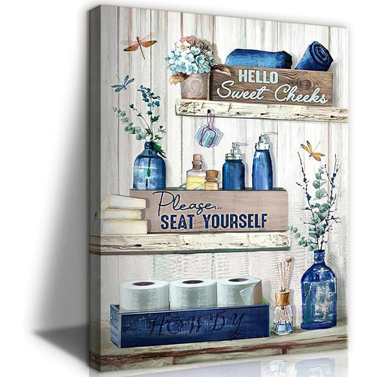 Navy Blue Bathroom Art Canvas Print, Rustic Decor