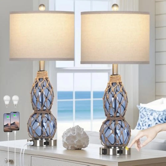 26" Set of 2 Coastal Glass Table Lamps, Dimmable, USB Ports