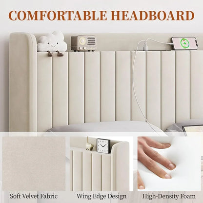 Upholstered Headboard Queen Bed Frame with  Charing Station and Storage Shelf