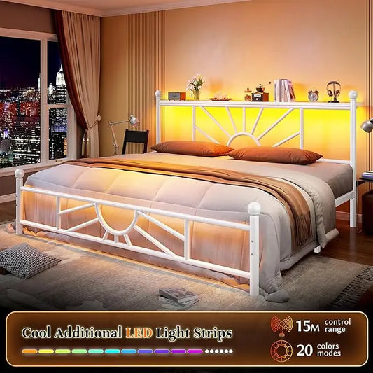 Metal King Bed Frame, Head and Footboard, LED Light