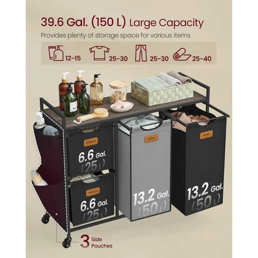 Rolling Laundry Hamper with 4 Compartments, Small Side Pockets