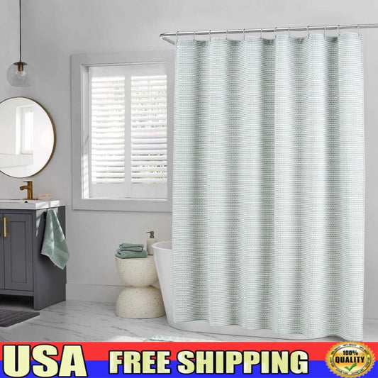 Cotton Polyester Fabric Shower Curtain Green White Pinstripe, Washable