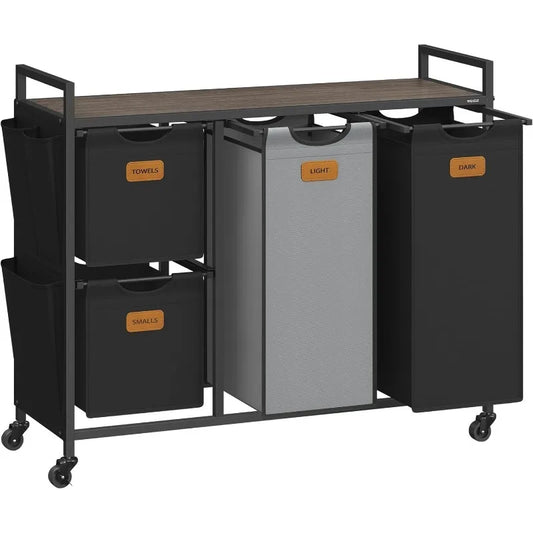 Rolling Laundry Hamper with 4 Compartments, Small Side Pockets