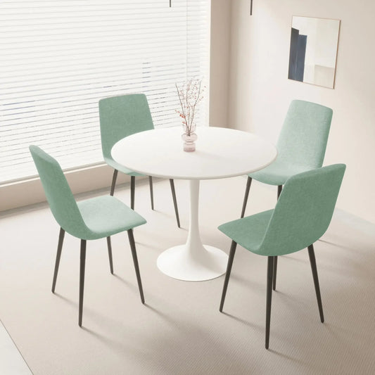 31.5" Round Dining Table Set, White, Linen Upholstered Chairs