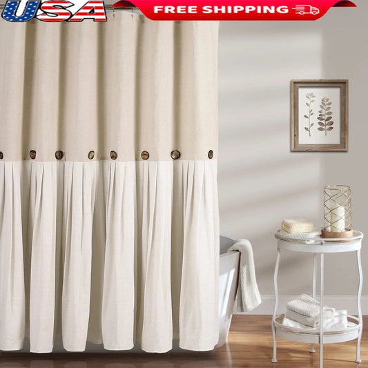 Linen Button Shower Curtain, Two-Tone, Pleated, 72x72