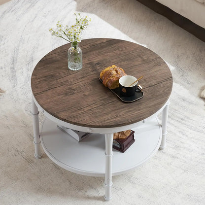 2-Tier Storage Walnut, White Center Circle Accent Table