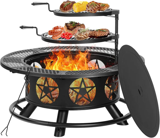 36 Inch Fire Wood Burning Pit with 2 Grills, Lid & Poker