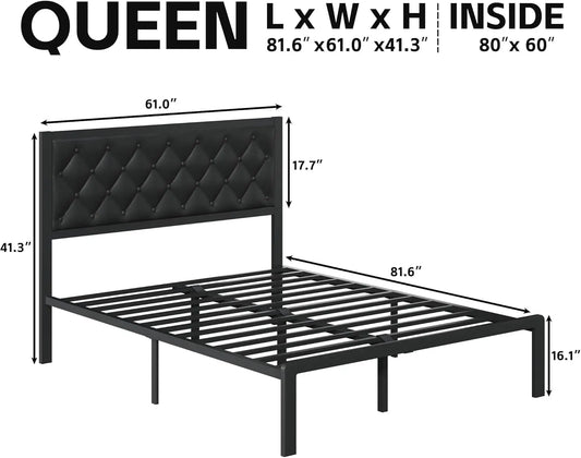 Queen Bed Frame with Leather Upholstered Headboard, Metal Slats