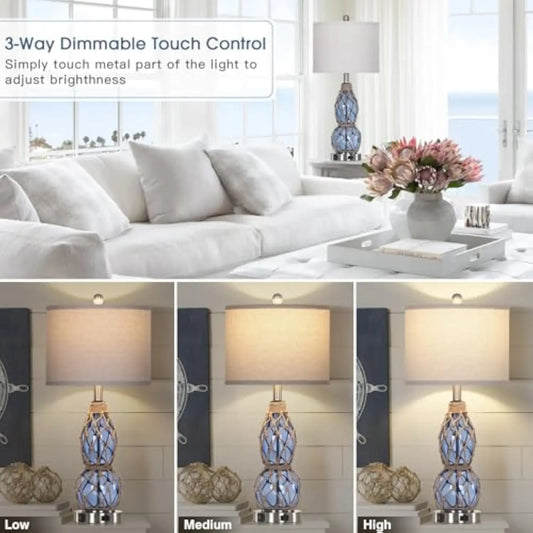 26" Set of 2 Coastal Glass Table Lamps, Dimmable, USB Ports