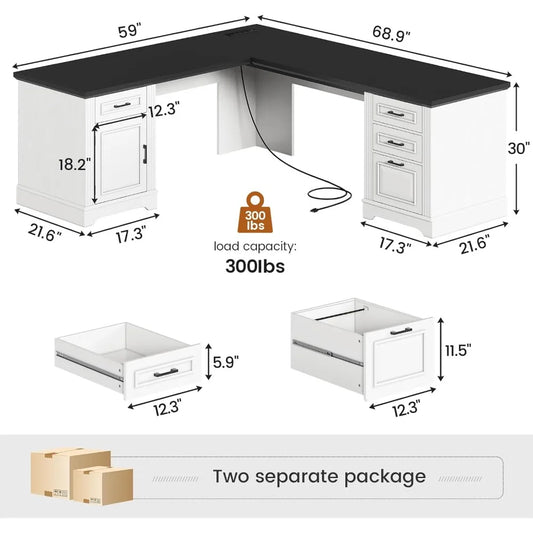 Farmhouse 69" L Shaped Desk, Drawers, Storage & Power Outlet