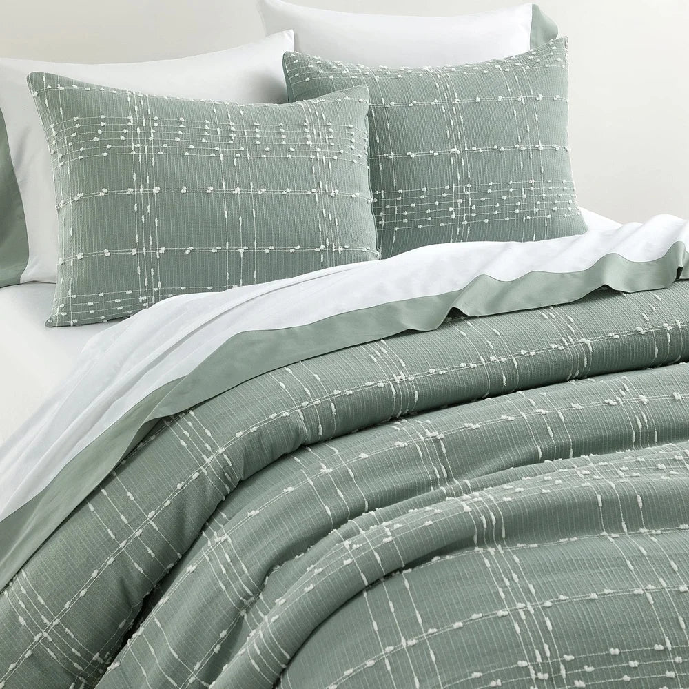 7 Piece Queen Green Plaid Bed Comforter Set, Hypoallergenic