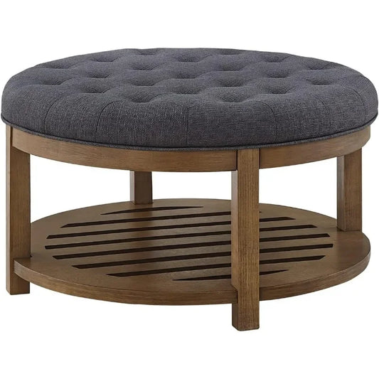 Large Upholstered  Linen Ottoman Coffee Table, Wood Shelf Storage-Charcoal