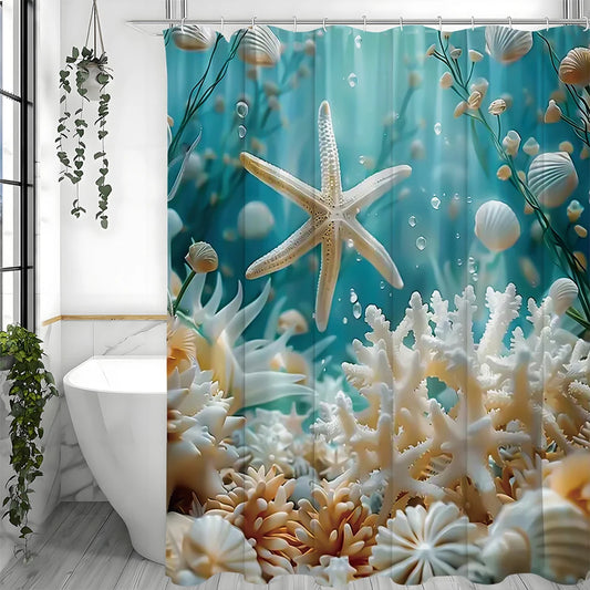Fabric Shower Curtain, Starfish, Seashells, Coral, Ocean Waves